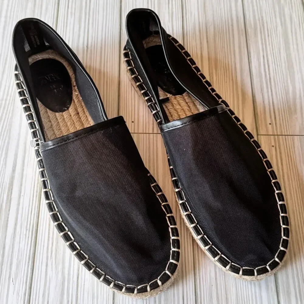 ZARA Women's Black Espadrille Low Heel  Slip-On Shoes Sz 39
